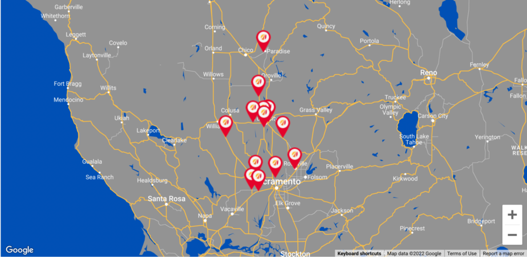 A Google map of Northern California with Lakeview-branded markers indicating the locations of Lakeview and Pacific Pride Cardlock fueling stations.