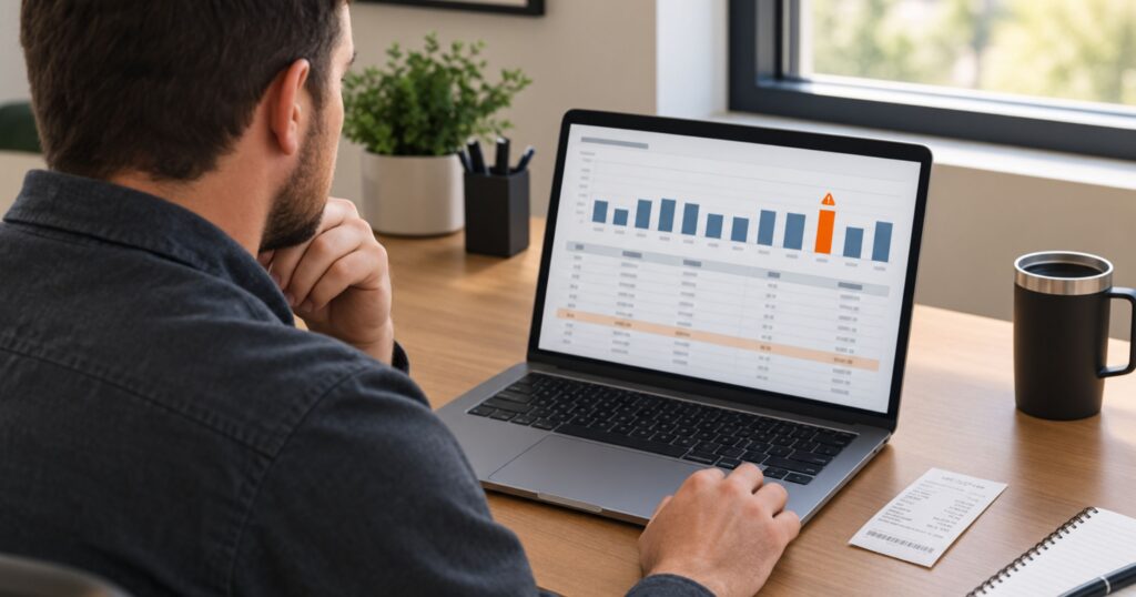 Fleet manager reviewing fuel transaction data to check for unmonitored fuel spend